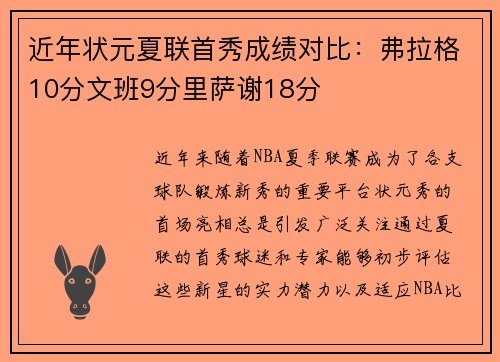 近年状元夏联首秀成绩对比：弗拉格10分文班9分里萨谢18分