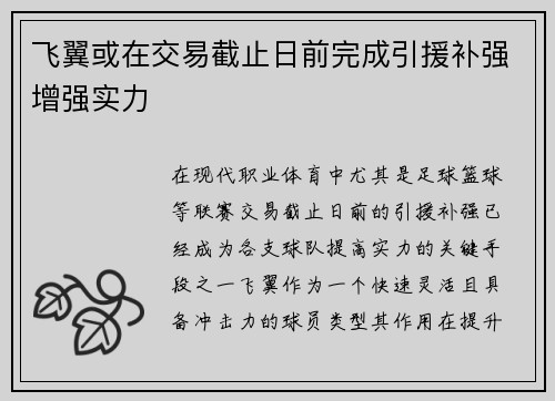 飞翼或在交易截止日前完成引援补强增强实力