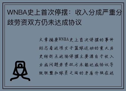 WNBA史上首次停摆：收入分成严重分歧劳资双方仍未达成协议