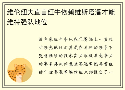 维伦纽夫直言红牛依赖维斯塔潘才能维持强队地位