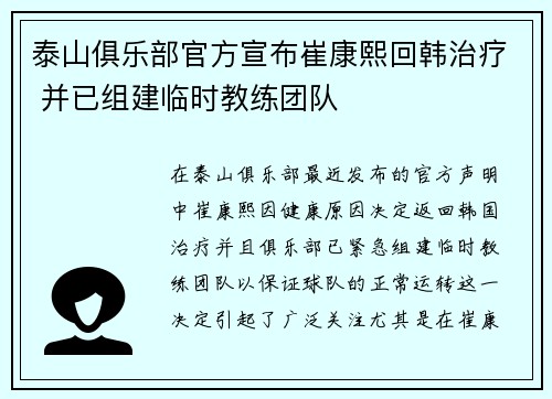 泰山俱乐部官方宣布崔康熙回韩治疗 并已组建临时教练团队