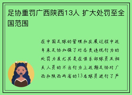 足协重罚广西陕西13人 扩大处罚至全国范围